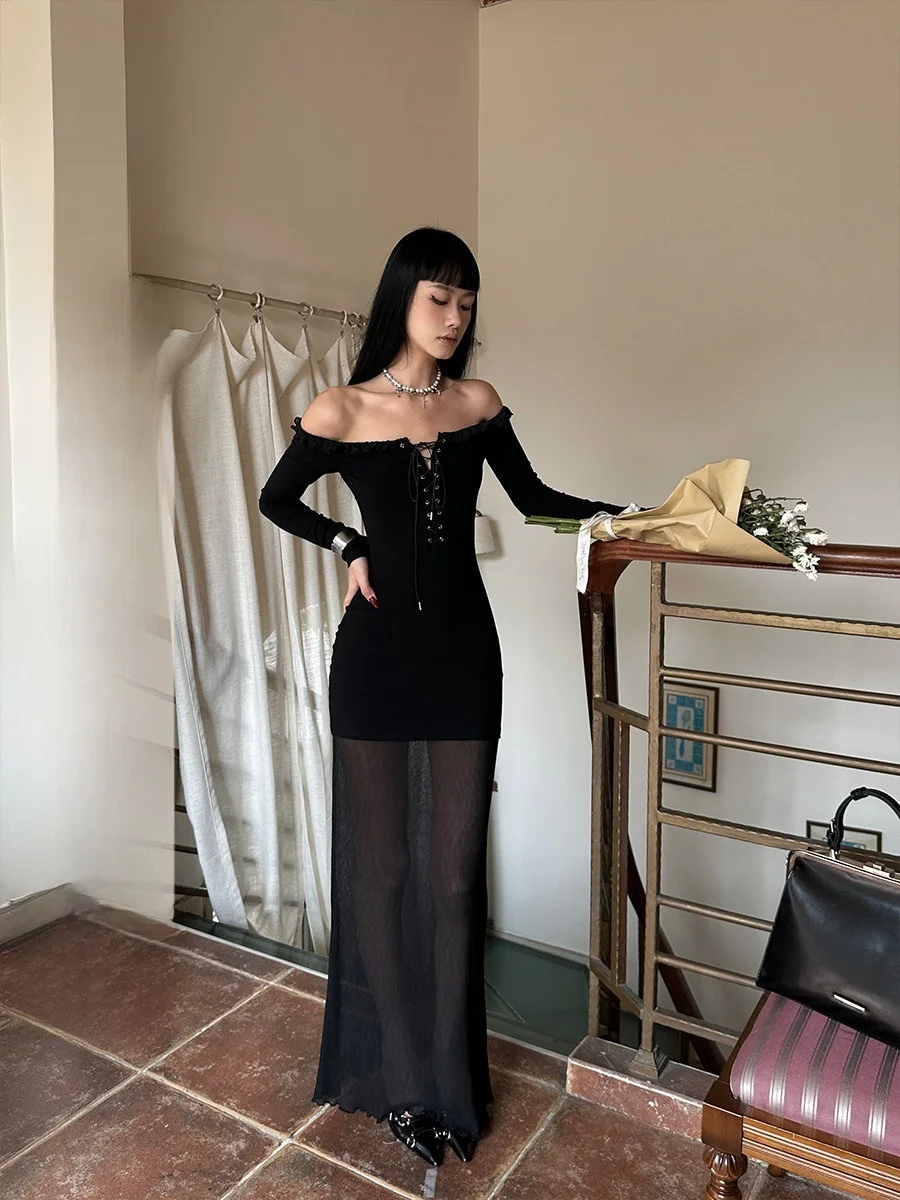 

Ele Bla Ruffle Hem Dr One oulder Me Splice Slim Fit Long Skirt Faion Sexy Personali Venui Brand Ciwalk Sui...