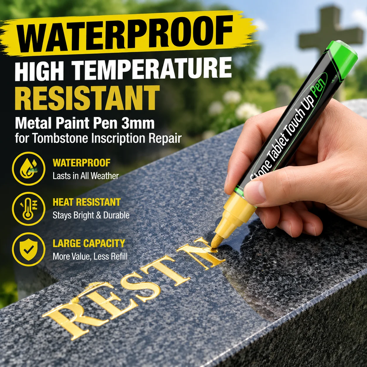 Waterproof High Temperature Resistant Metal Paint Pen 3mm for Tombstone Inscription Repair Large Capacity