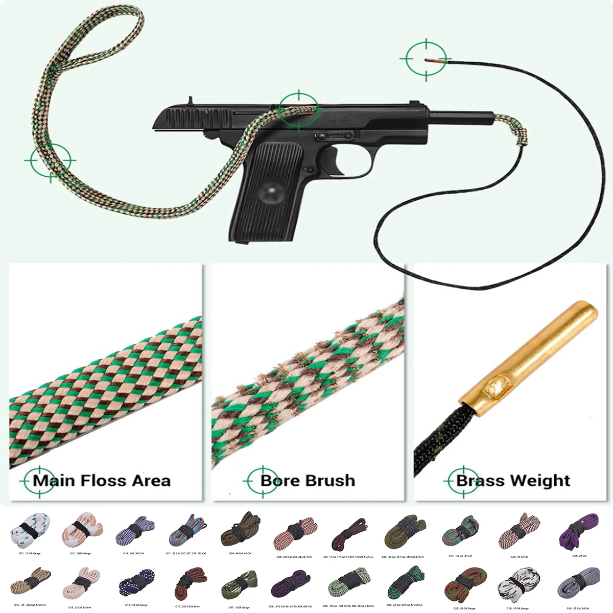Cuerda táctica para limpieza de armas: cañón y calibre universal