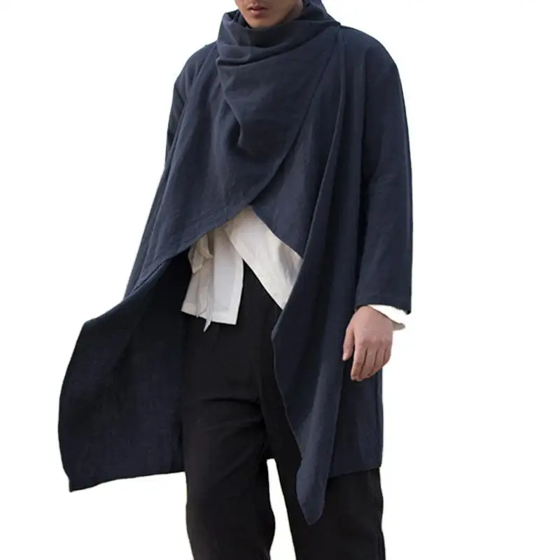 Men\'s Cotton and Linen Trench Cape Long Irregular Cape Autumn and Winter New Long Sleeved Coat Men