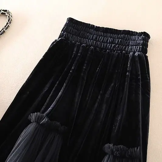 Drape Pleated Skirt Women New High Waist Versatile Velvet Splicing Mesh Skirt Women Trendy