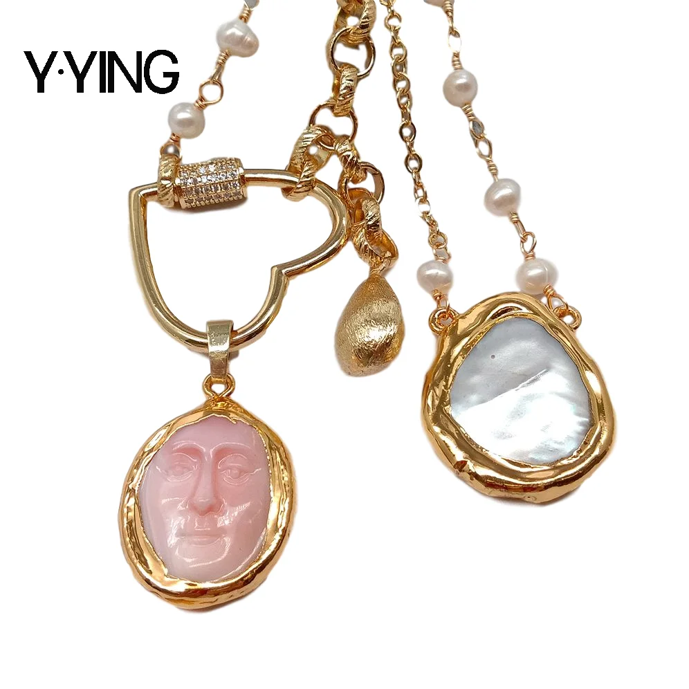 Y·YING Cultured White Baroque Pearl Chain Collier Pink Queen Conch Facial Coin Pearl Charm statement necklace