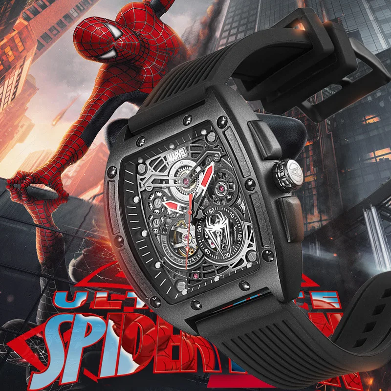 Reloj mecánico de hombre de negocios hueco mecánico de barril de vino de Spider-Man, reloj de silicona bonito a la moda para hombre, regalo de vacaciones