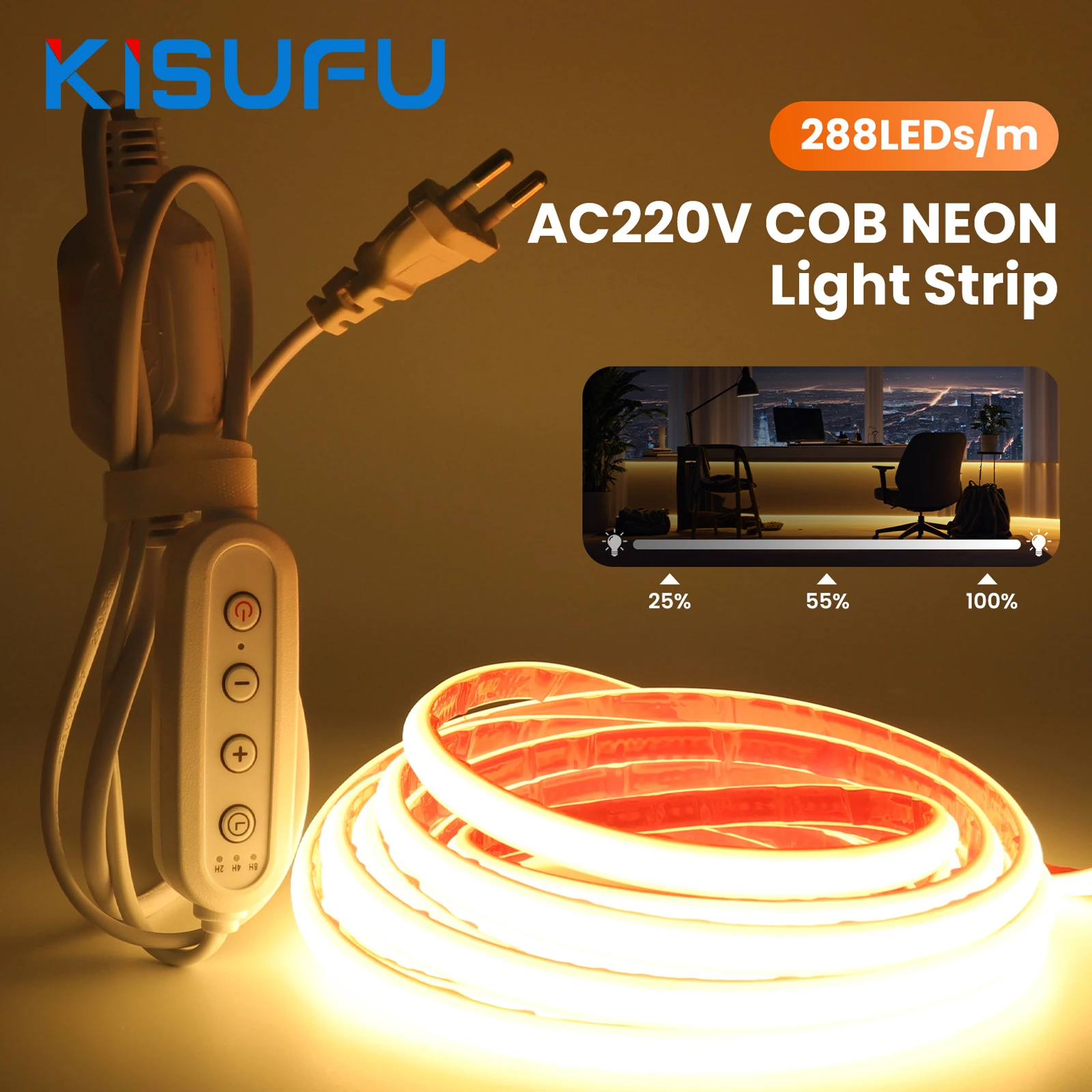 

Dimmable 220V COB LED Strip Light With Timer/Dimmer Plug High Density 288LEDs/M Waterproof Adhesive Tape Indoor Outdoor Decor