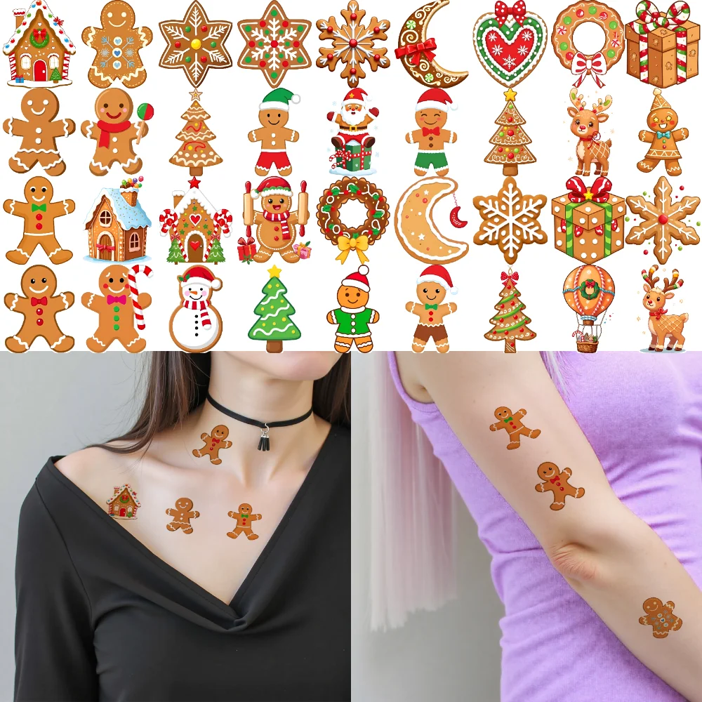 54pcs Temporary Tattoo Reindeer Waterproof Long-lasting Body Stickers Gingerbread House Gingerbread Man Cartoon Snowflake