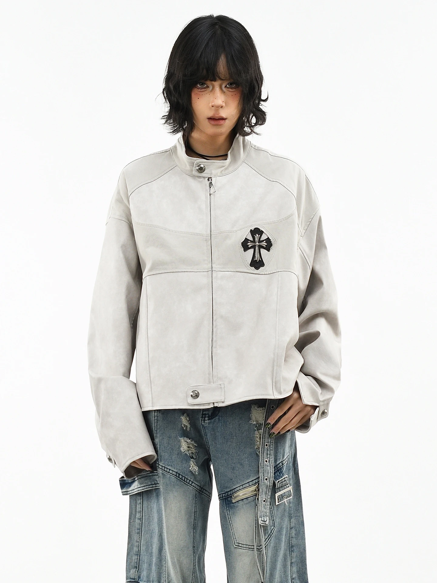 

OV Original American Sle Cross Metal Bule PU Leather Jaet Women's Loose ort Motorcycle Jaet Trendy Spring Outerwear