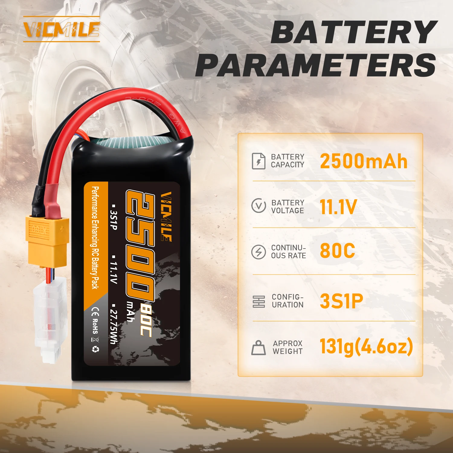 VICMILE 1-2 szt. 11.1V 2500mAh 3S Akumulator Lipo z wtyczką XT60 Pasuje do samolotów RC, quadrocopterów FPV, helikopterów, dronów i samochodów wyścigowych RC
