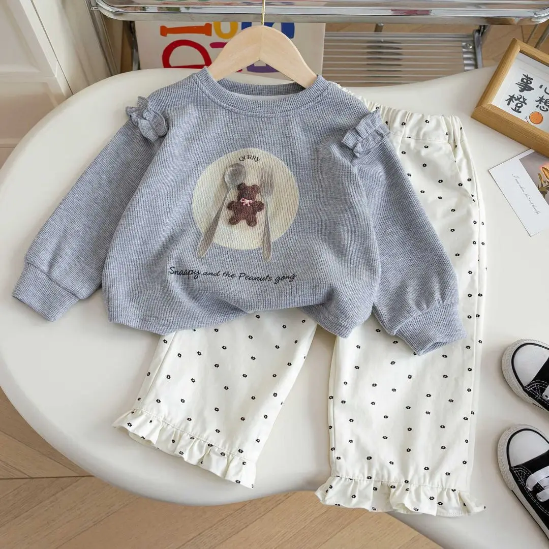 

Print round Neck Lace Top with Dot Straight Pants Toddler Girls Clothing
