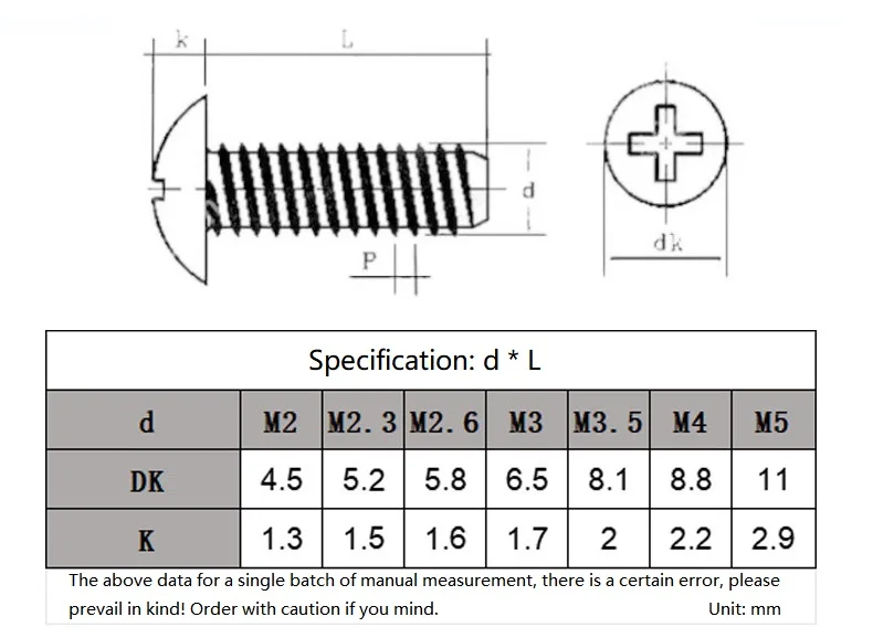 M2 M2.3 M2.6 M3 M3.5 M4 M5 Cross Recessed Truss Head Cutting Tail Self Tapping Screw Phillips Mushroom Head Wood Screws
