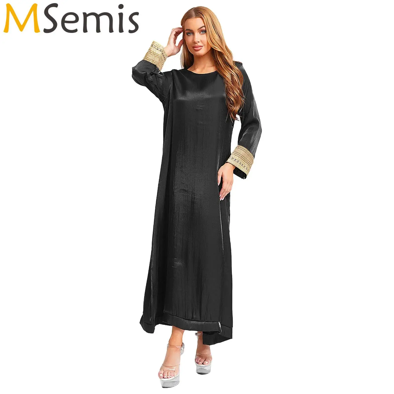 

Womens Pullover Robe Shiny Kaftan Dress Muslim Arabic Abaya Dress Long Sleeve Loose Dubai Saudi Arabia Middle East Maxi Dress