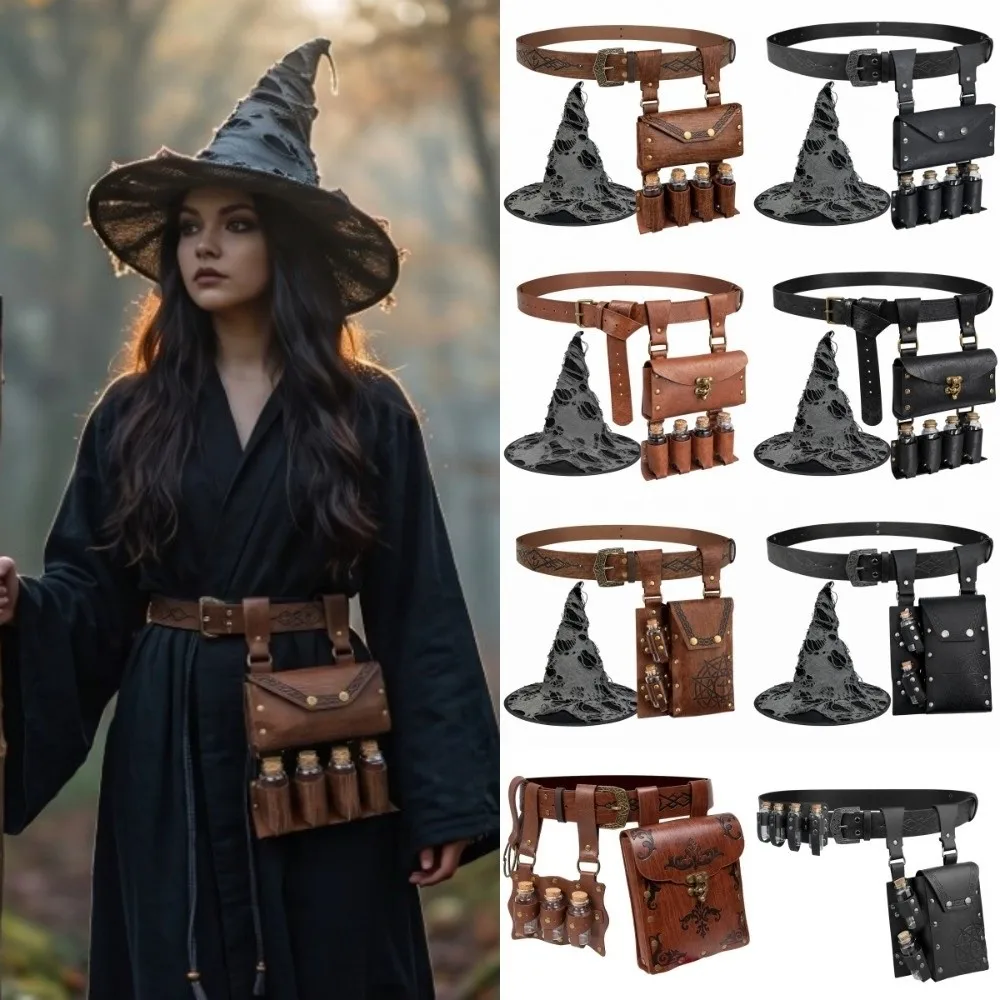 2/3/4pcs Embossed Medieval Wizard Cosplay Set Fantasy with Potion Bottles Medieval Leather Pendant PU Knight