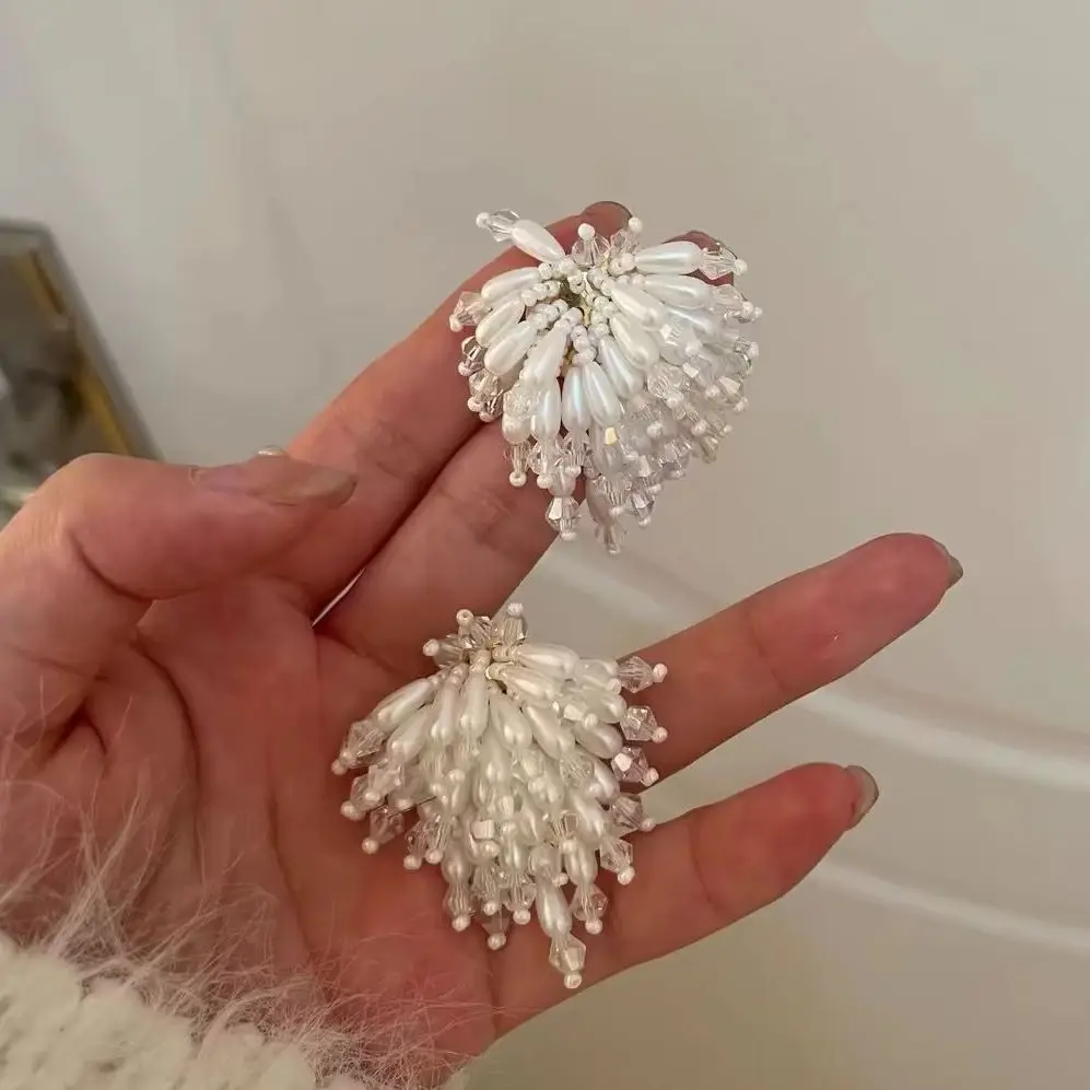 Handmade Beaded Flower Cluster Dangle Earrings For Women White Imitation Pearl Crystal Tassel Drop Earring Wedding Party Jewelry