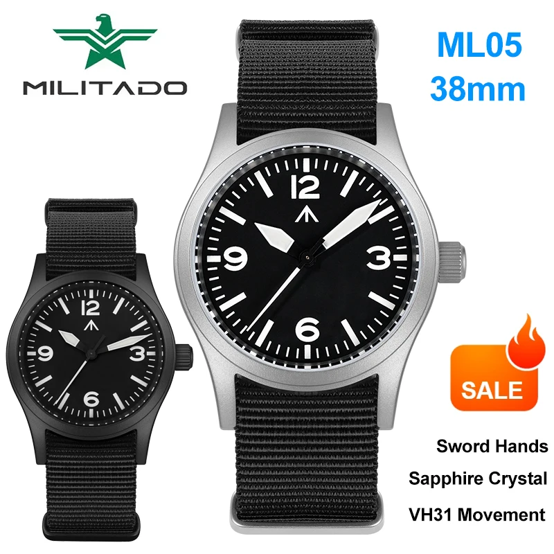 

Militado ML05 Quartz Watch VH31 Sweep Movement Domed Sapphire Crystal Military Watch Sword-shaped Hands Luminous Men's Watch
