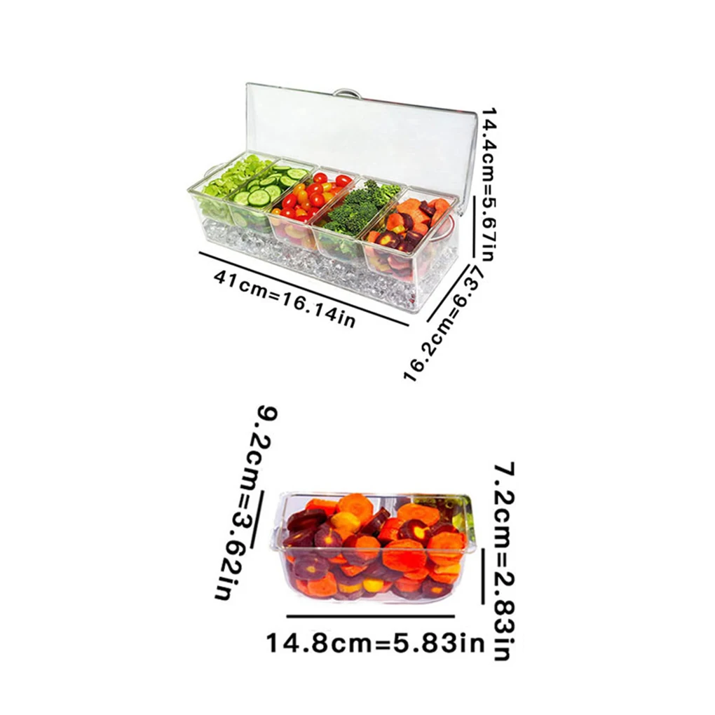 Chilled Condiment Server Reusable Clear Garnish Tray with 5 Removable Compartment Food Grade Safety Chilled Serving Container