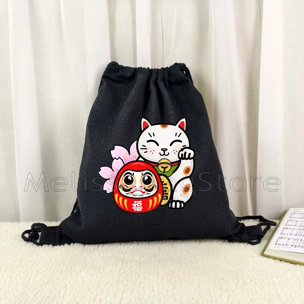 

TOKYO Maneki Neko Cute Japanese Lucky Cat Mount Fuji Janpan Style Print Canvas Drawstring Bags Soccer Backpack Gym Yoga Sackpack