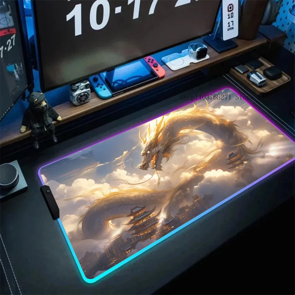 Chinese God Dragon Mousepad XXL RGB Gaming Mouse Pads HD Black Gamer Accessories Large LED