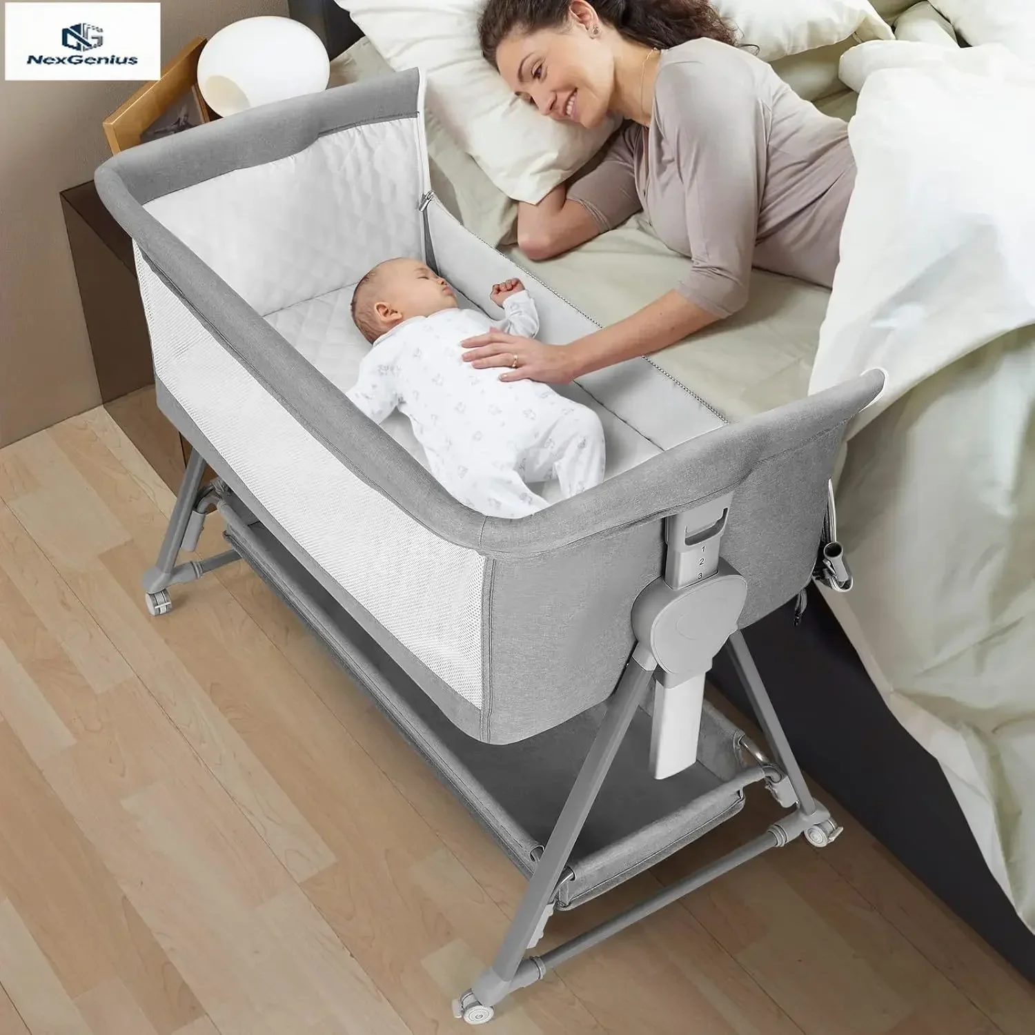 Baby Bassinet Bedside Sleeper Portable Folding 7 Height Adjustable Breathable Mesh Mattress Storage