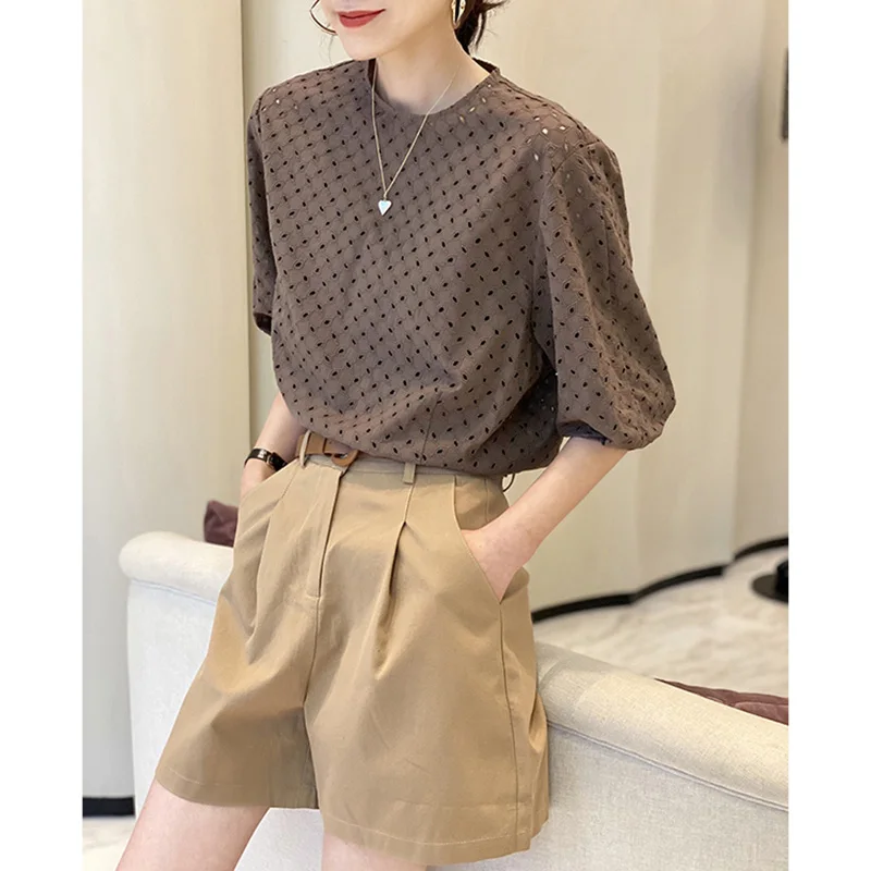 

Женская футболка с круглым вырезом и вырезами в виде пузырьков, в корейском стиле, для повседневной носки, прямого кроя, летняя, цельная.