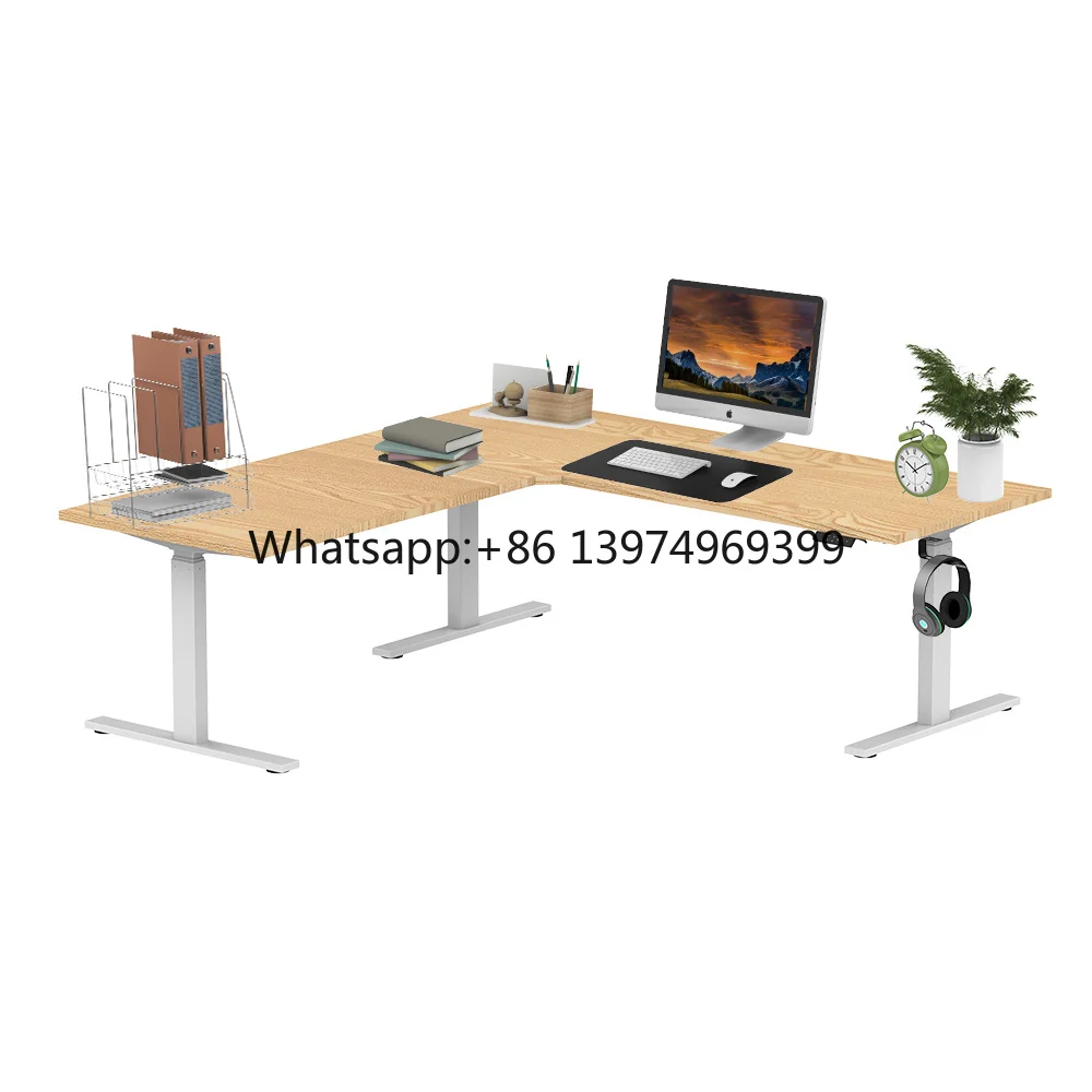 Three Motor White L Shaped Electric Curved Standing Desk Frame Height Adjustable Smart Office Ergonomic Computer Table