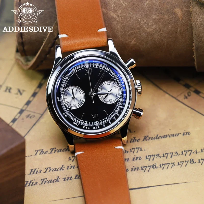 ADDIESDIVE VK64 Multifunctional Chronograph Watch 10Bar Waterproof Mens Leather Watch Quartz Watches Reloj Hombre AD2037