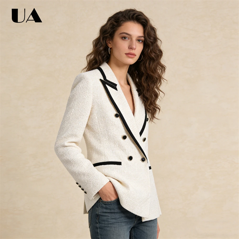 Women's Cream Tweed Blazer Double-Breasted Black Trim Lapel Long-Sleeve Chic Office Casual Blazer Jacket with Pockets
