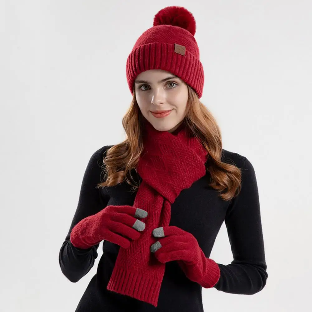 Women's Pompom Ball Knitted Cap Long Scarf Touch Screen Gloves Set Cold Weather Hat Scarf Glove Set Winter Hat Scarf Gloves Set