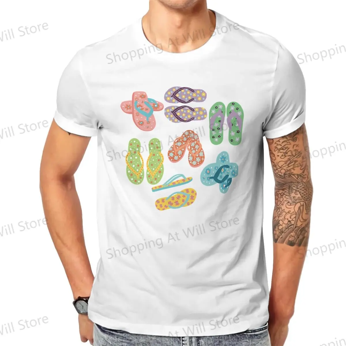 Tops 100% Cotton Fun Fashion Rainbow flip flops Men's and women's T-shirts  O neck short sleeved Tshirt