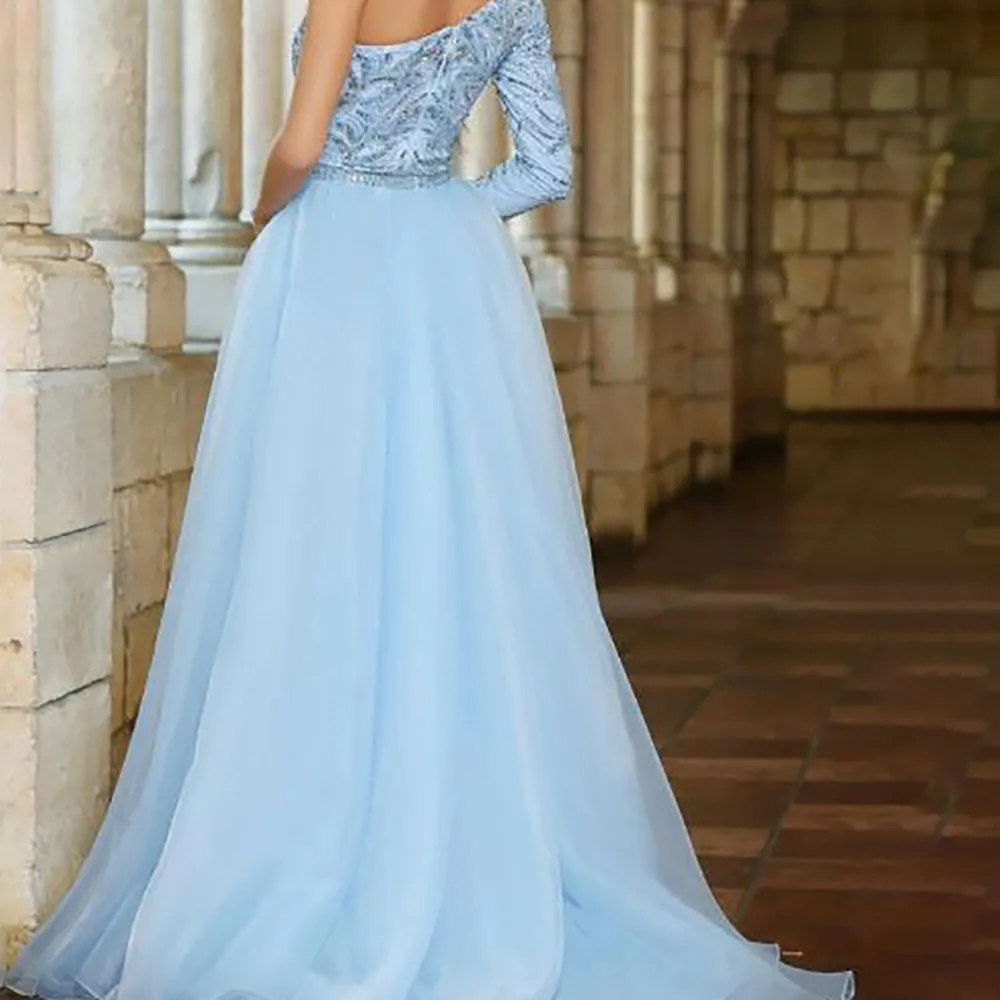 A-Line Organza Prom Dress One Shoulder One Long Sleeve Beading Slit Floor Length Sweep Train