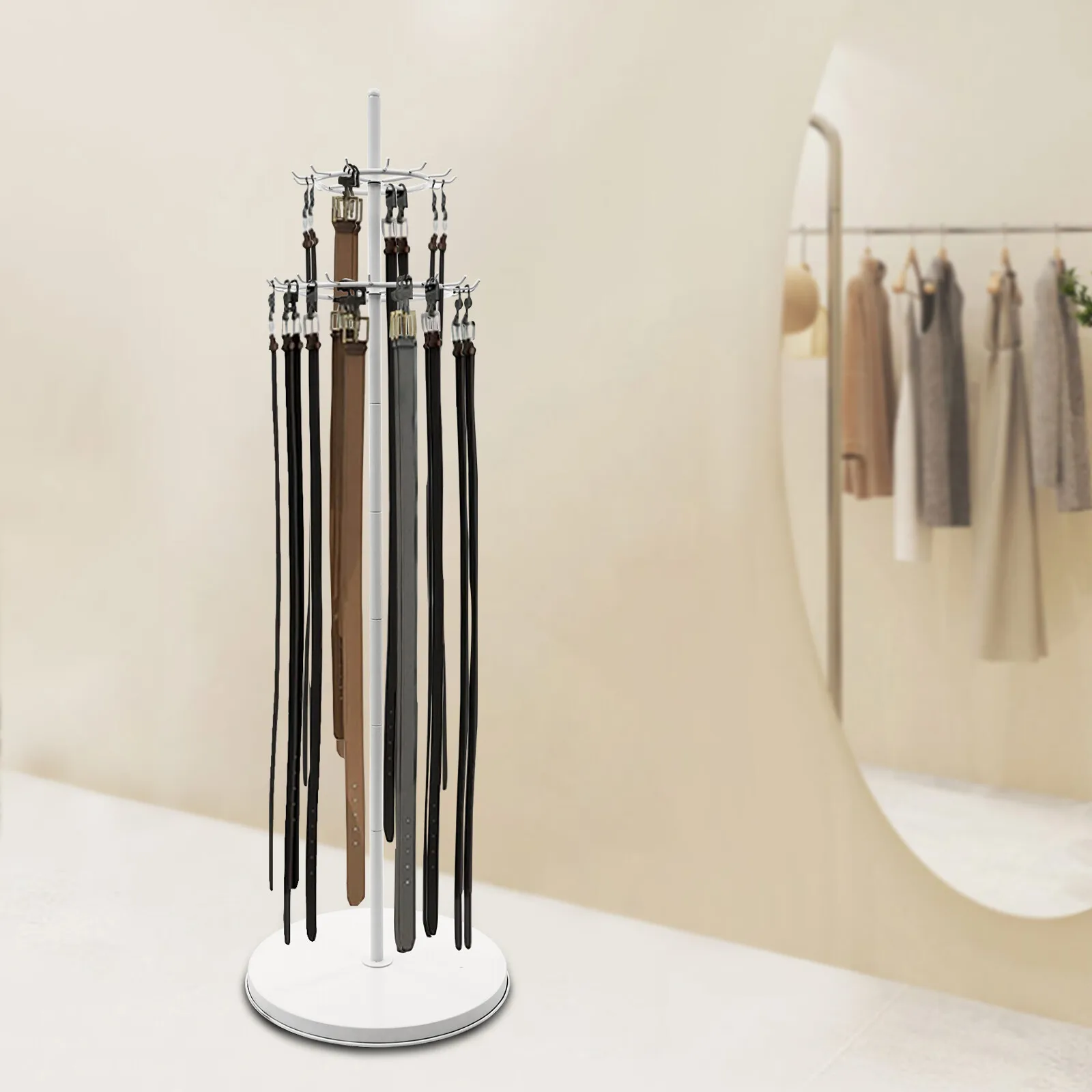 

2-Tiers Tie Rack Steel Floor Stand Belt Hanger Display Shelf 31 Hooks Adjustable Feet