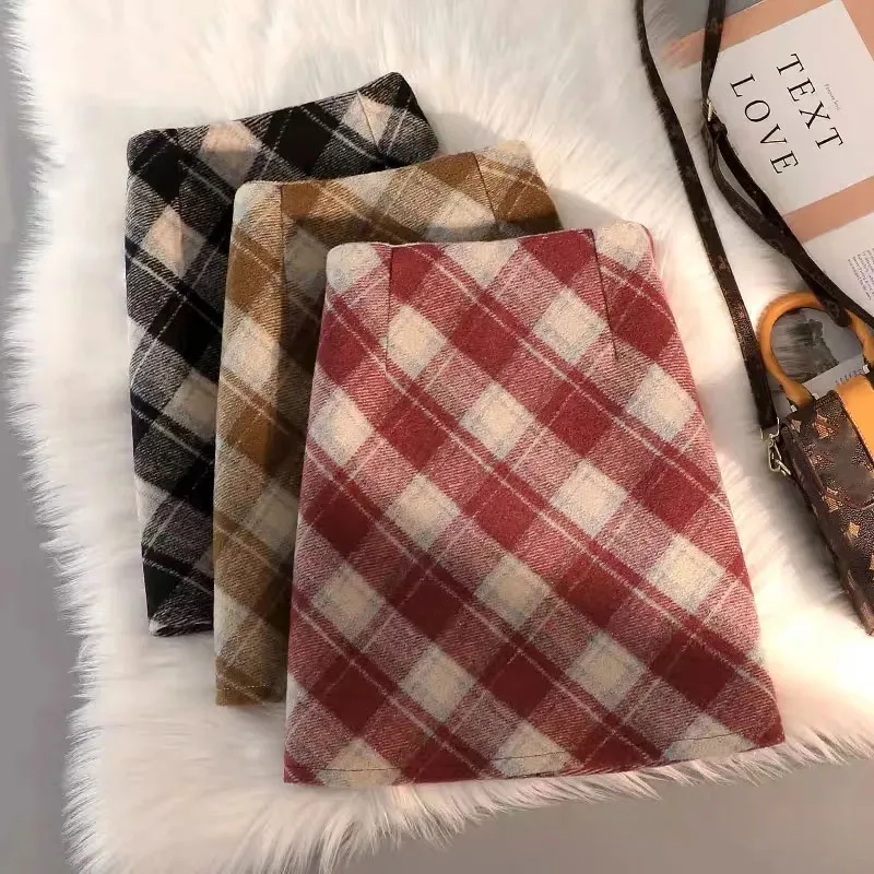 

Autumn Winter Woolen Plaid Skirt for Women College Style Zipper High Waist Mini Skirts Woman Versatile Bodycon A-Line Skirts