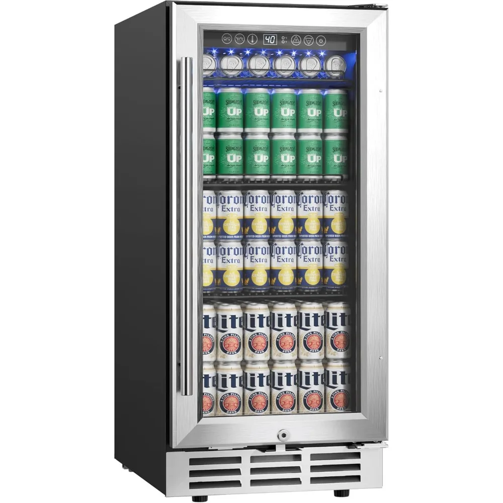 

15 Inch Beverage Refrigerator Cooler Under Counter 127 Cans Beverage Fridge Built-in or Freestanding with Glass Door, LED Light