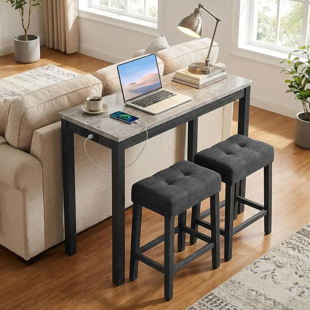 3-Piece Wooden Bar Table Set with Charging Station | Counter Height Table, Marble Top, 2 Padded Stools, Table Set for Living Roo