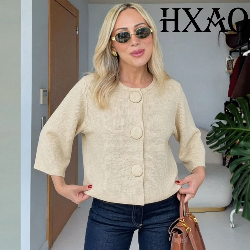 HXAO Strick-Cardigans 2026 Damen Kurze Sommer-Strickjacke mit Knöpfen Damenpullover Gestricktes Oberteil O-Ausschnitt 3/4 Ärmel Oberbekleidung