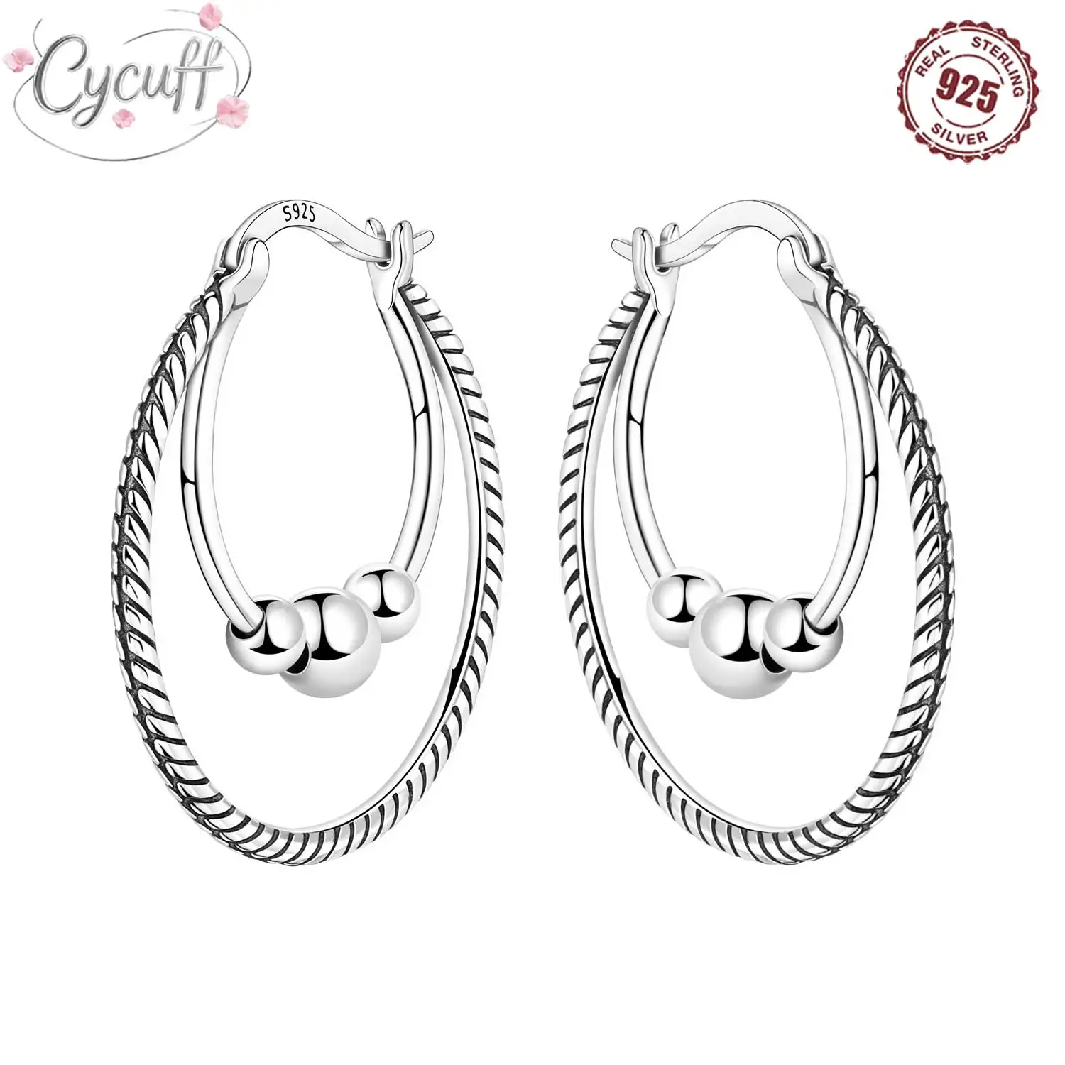 925 Sterling Silver Serpentine Double Circle Glass Bead Earring Hoop Earrings Women Big Circle Fashion Birthday Party Gifts