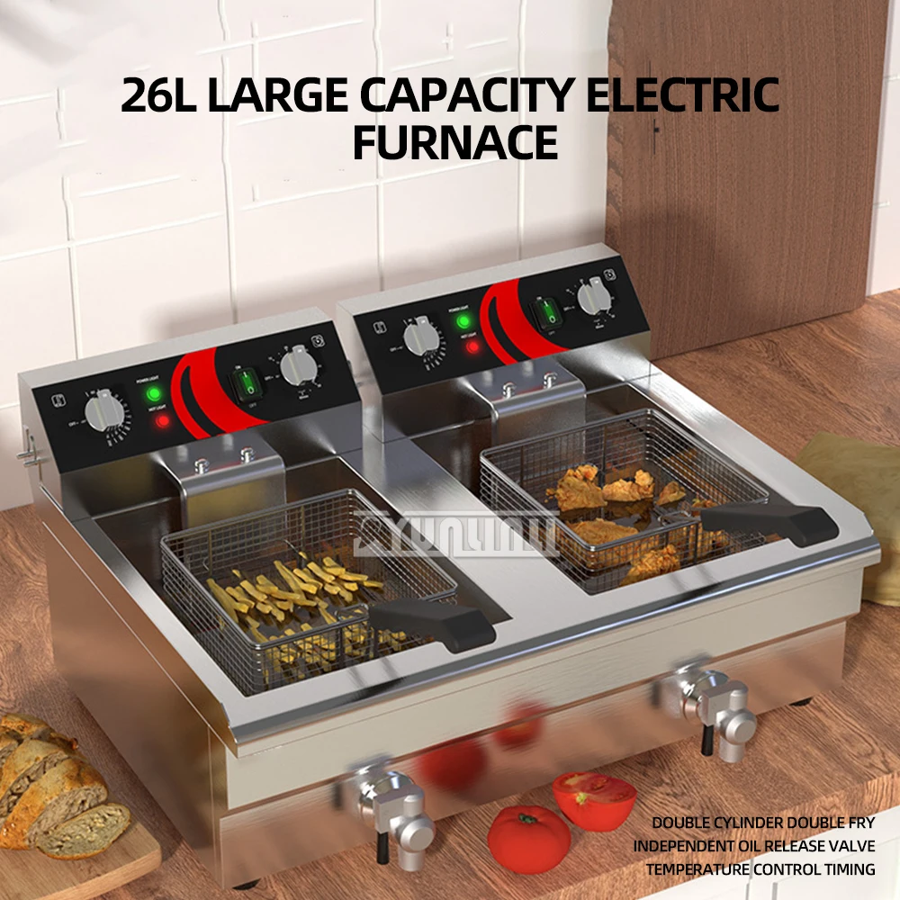 مقلاة كهربائية عميقة مع توقيت ، خزان مزدوج تجاري ، معدات مطبخ ، 26 لتر