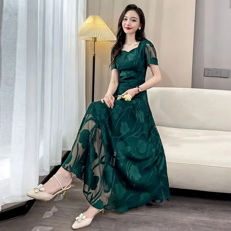 Vestidos de noche Vestidos para mujer Vestido recortado de gama alta Vestido largo de temperamento suelto con cintura de manga corta para primavera y verano para mujer