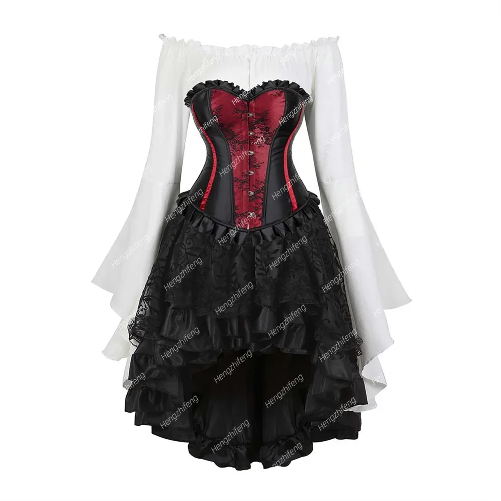 Gothic Bustier Dress Corset Shirts with Blouse Set for Women Front Lace Up Basque Vintage Corsage Costume Rave Costume Plus Size