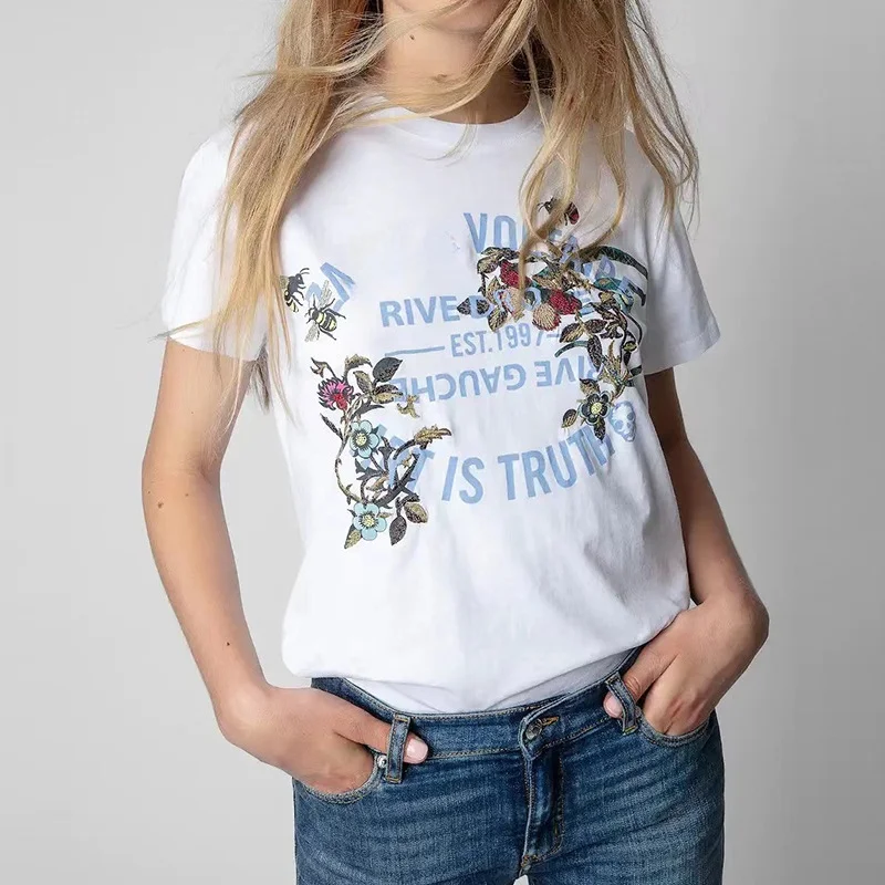 

Женская футболка ZV Sad с объемной вышивкой, из шелкового хлопка, повседневный летний легкий топ с круглым вырезом и креативным узором