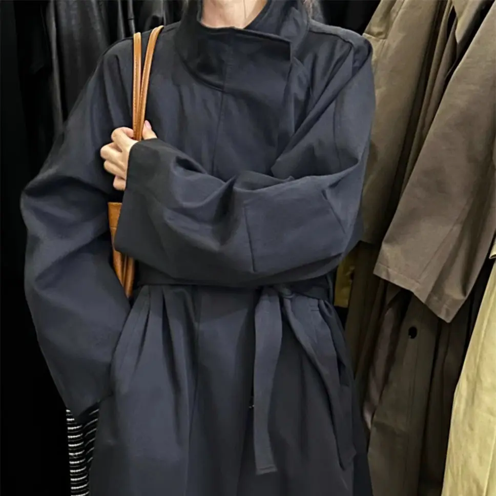 Brązowy trencz damski modny płaszcz przeciwdeszczowy wakacyjny osobowość kobieta dekolt w serek otwarte szwy szarfy paski stójka abrigos streetwear