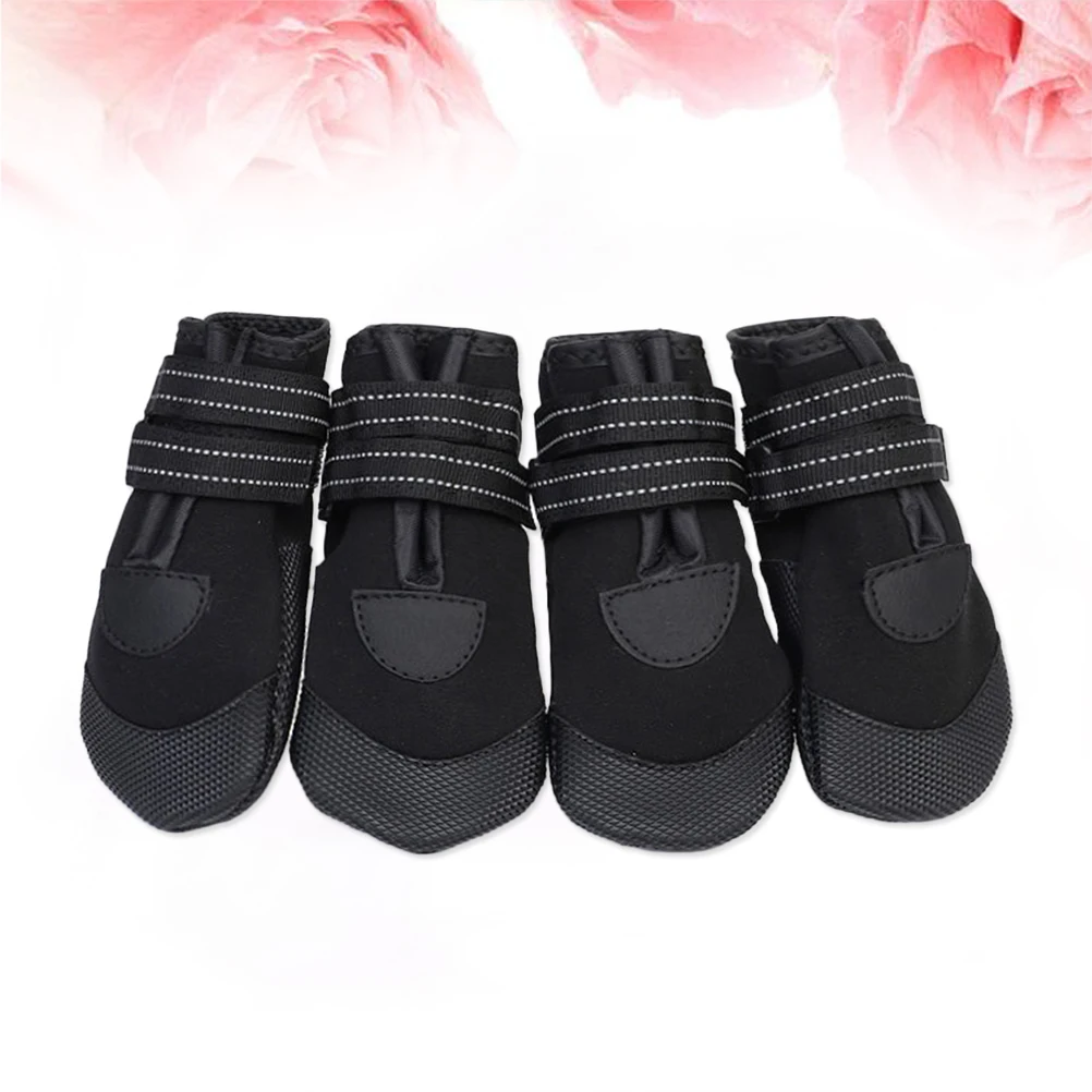 

4Pcs Comfortable Dog Boots Waterproof Warm Non-Slip Breathable Diving Material Reflective Trim for All Season Outdoor Use Black