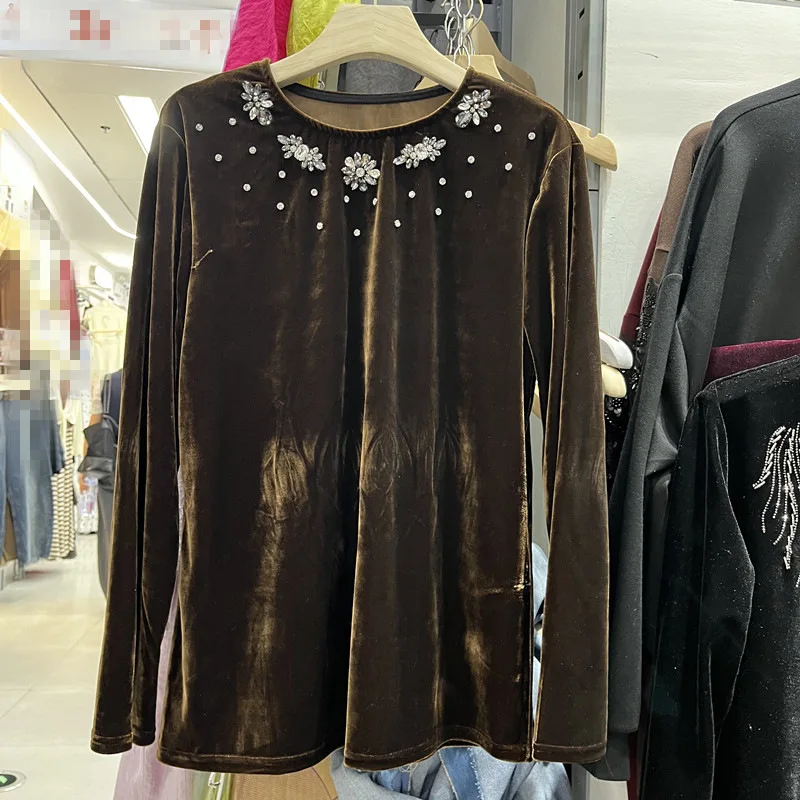 2026 New Autumn Vintage Women Long Sleeve T-shirt Round Neck Diamonds Beads Casual Top All-match Solid Color Velour Basic Tees