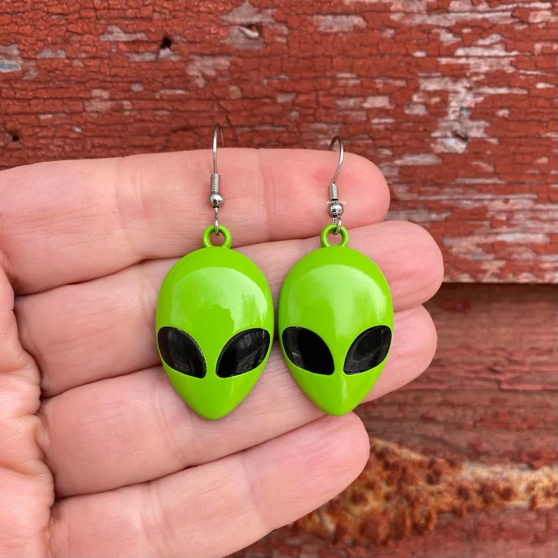 1 Pair Green Alien Head Unique Novelty Earrings