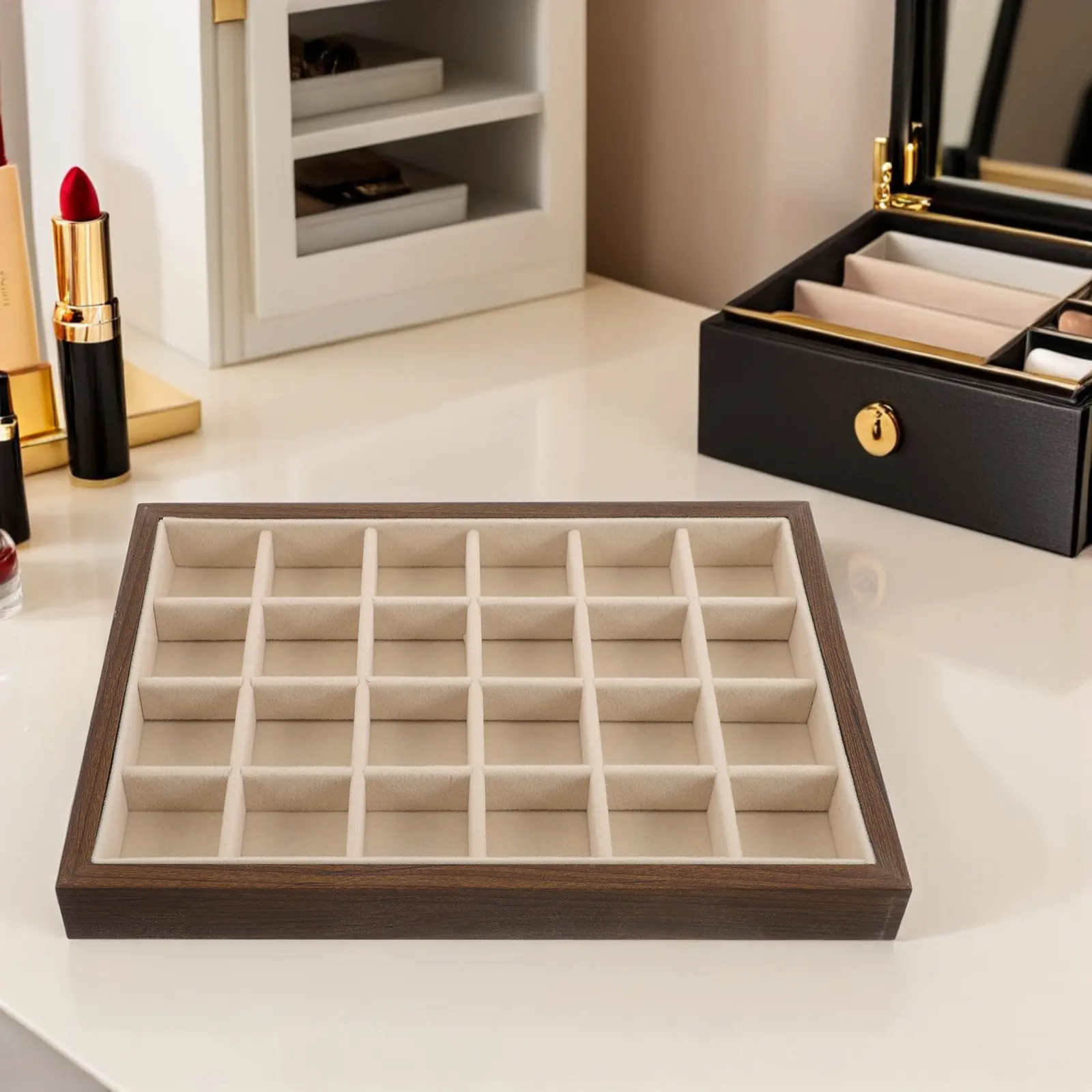 Premium Walnut Wood Jewelry Tray 24-Slot Minimalist Design Scratch-Resistant Organizer for Necklaces Rings Bracelets Earrings
