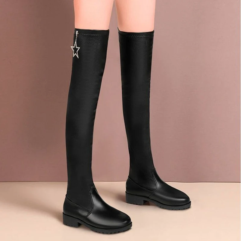 

Plus Size Women's Size 35-43 Mid Heel Over The Knee Boots Stretchy Slender Patchwork Star Tassel Versatile Internet Famous