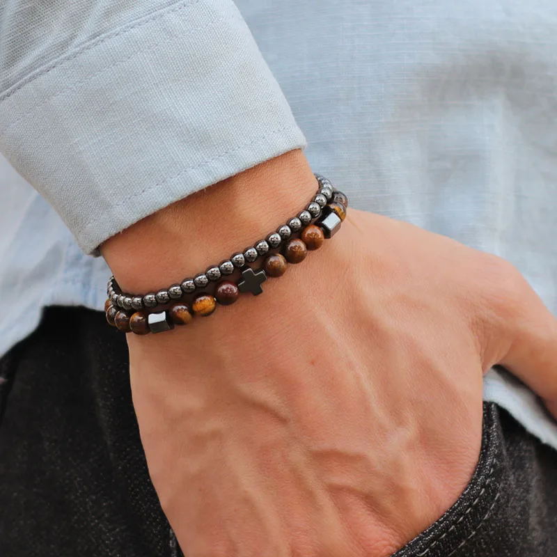 Business 2Pcs/Set Men Bracelet Apparel Accessories Cross Natural Stone Healing Hematite Strand Braslet Charm Homme Gift Jewelry