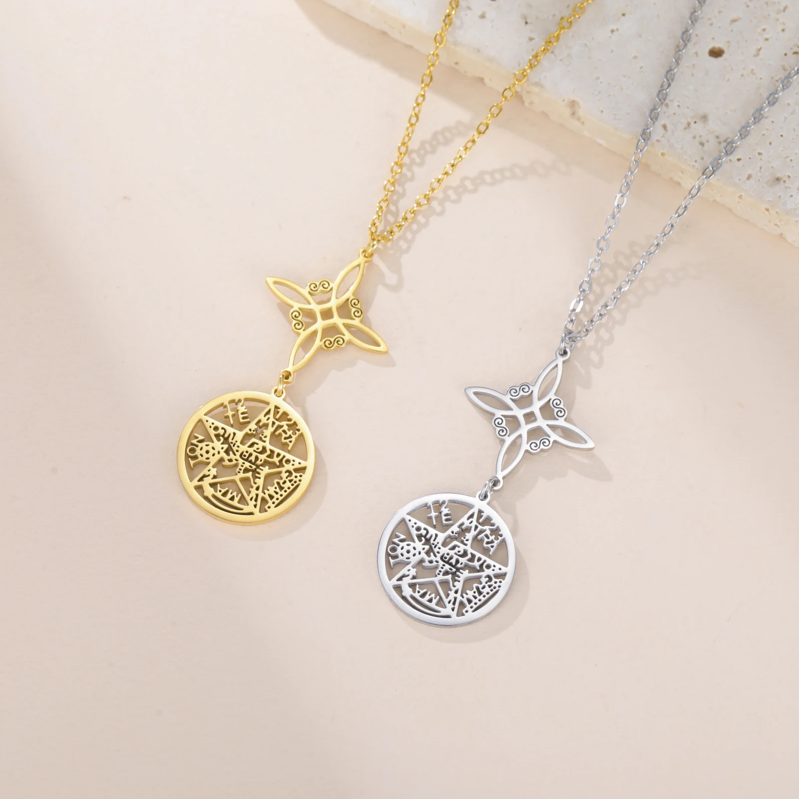 Lemegeton Wicca Hexenknoten-Halskette aus Edelstahl mit Pentakel, Tetragrammaton, Götternamenssiegel-Anhänger, Solomon-Amulett-Schmuck
