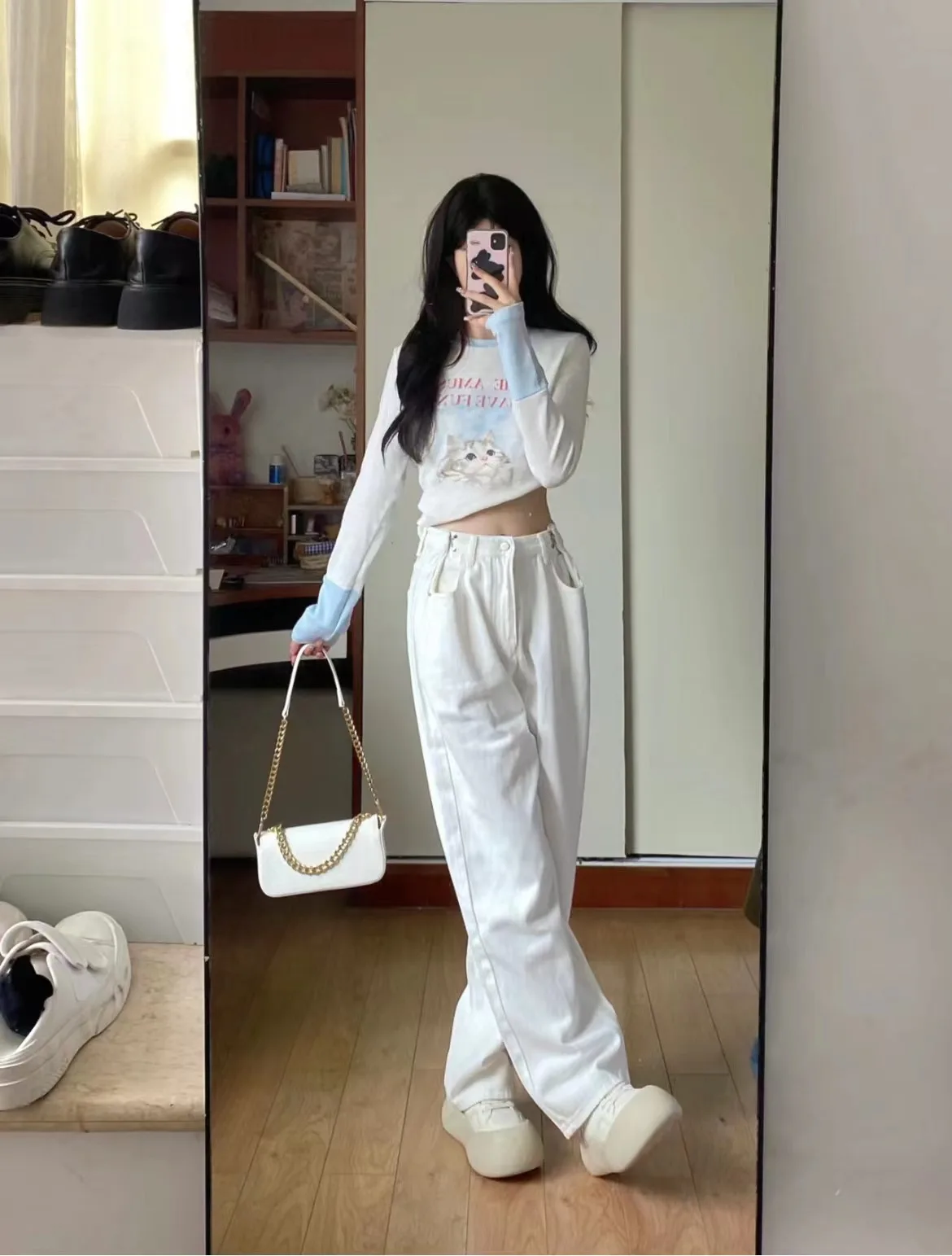 Autumn High Waist Loose Straight Wide Legs Woman Long Pants Button Fly Ankle-length Female Students Denim Trousers White Jeans