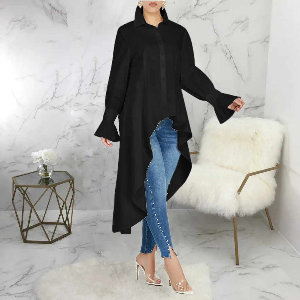 Chic Large Size Asymmetrical Line A Blouse Trend Shirts Women Hem Shirt Leisure Long Sleeves Button Tops Lapale Neck White Dress