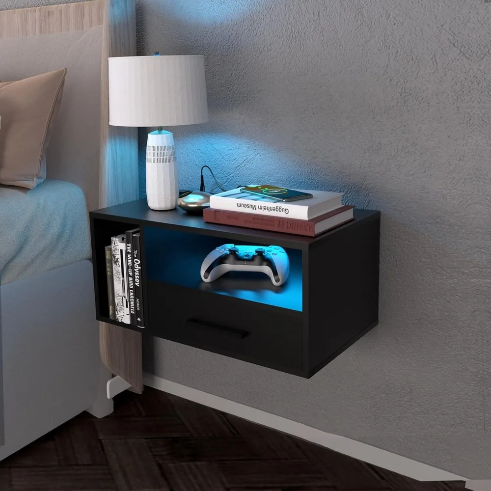 

Floating Nightstand with Charging Station and LED Light Strips, 21.3" Night Stand with Drawers, Floating Bedside with USB Ports