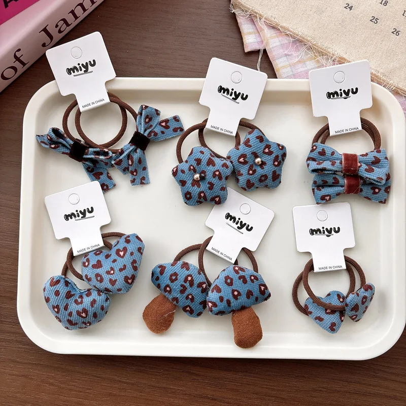 

2 шт. резинки для волос для девочек, джинсовые синие с леопардовым принтом, эластичные тканевые резинки для хвоста, детские аксессуары для волос